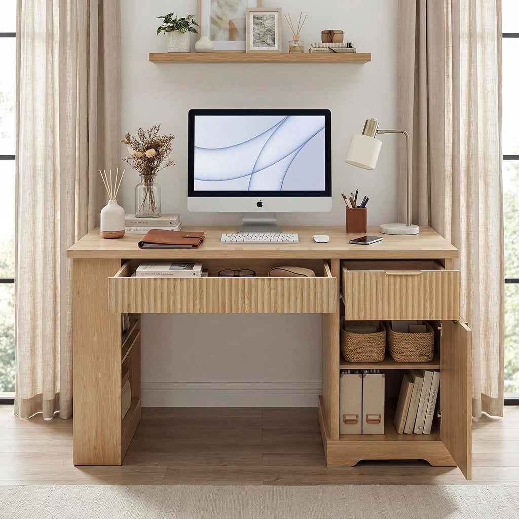 55' Modern Fluted Office Desk with Storage Cabinet & Drawers, Computer Writing Desk with Power Outlet, Pegboard, Built-in Shelves and Keyboard Tray for Study, Living Room, Home Office (Oak)