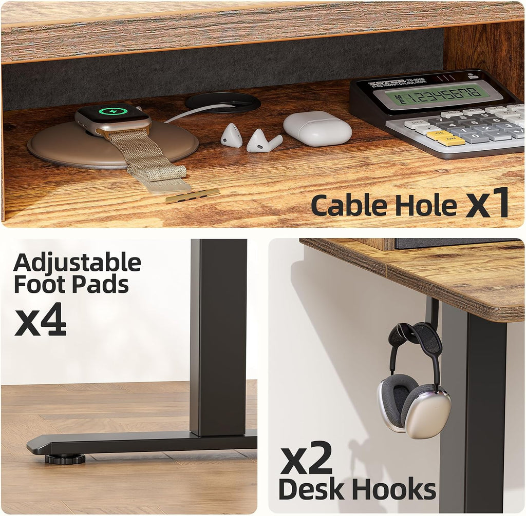 TIQLAB Standing Desk with Two Drawers, Stand Up Standing Desk Adjustable Height, Electric Sit Stand Table with Storage Shelf and Splice Board, 63 * 24 inch, Rustic Brown