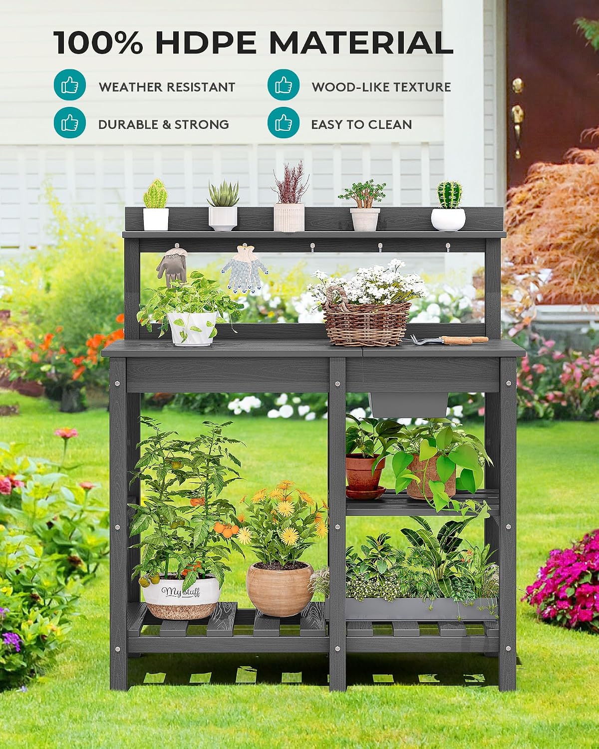 SERWALL Outdoor Potting Bench with Removeable Sink,Rot-Resistant HDPE Potting Table for Outside Gardening, All Weather Use - Gray