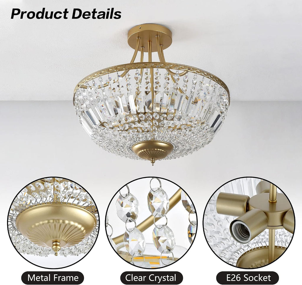 WINGBO 19.5 Inch Crystal Ceiling Light Fixture, 5-Light Raindrop Semi Flush Mount Chandelier, Modern Round Close to Ceiling Hanging Light for Living Room Dining Room Bedroom Hallway, Gold