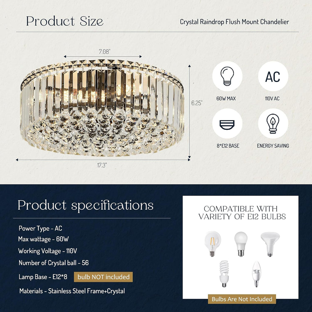 17.3' Black K9 Crystal Raindrop Flush Mount Ceiling Light, Modern Chandelier, Round Luxury Light Fixture for Dining Room, Bedroom, Hallway, Kitchen Island & Living Room