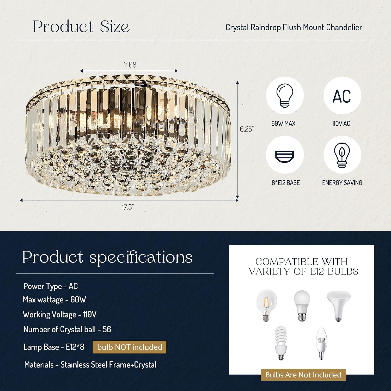 17.3' Black K9 Crystal Raindrop Flush Mount Ceiling Light, Modern Chandelier, Round Luxury Light Fixture for Dining Room, Bedroom, Hallway, Kitchen Island & Living Room