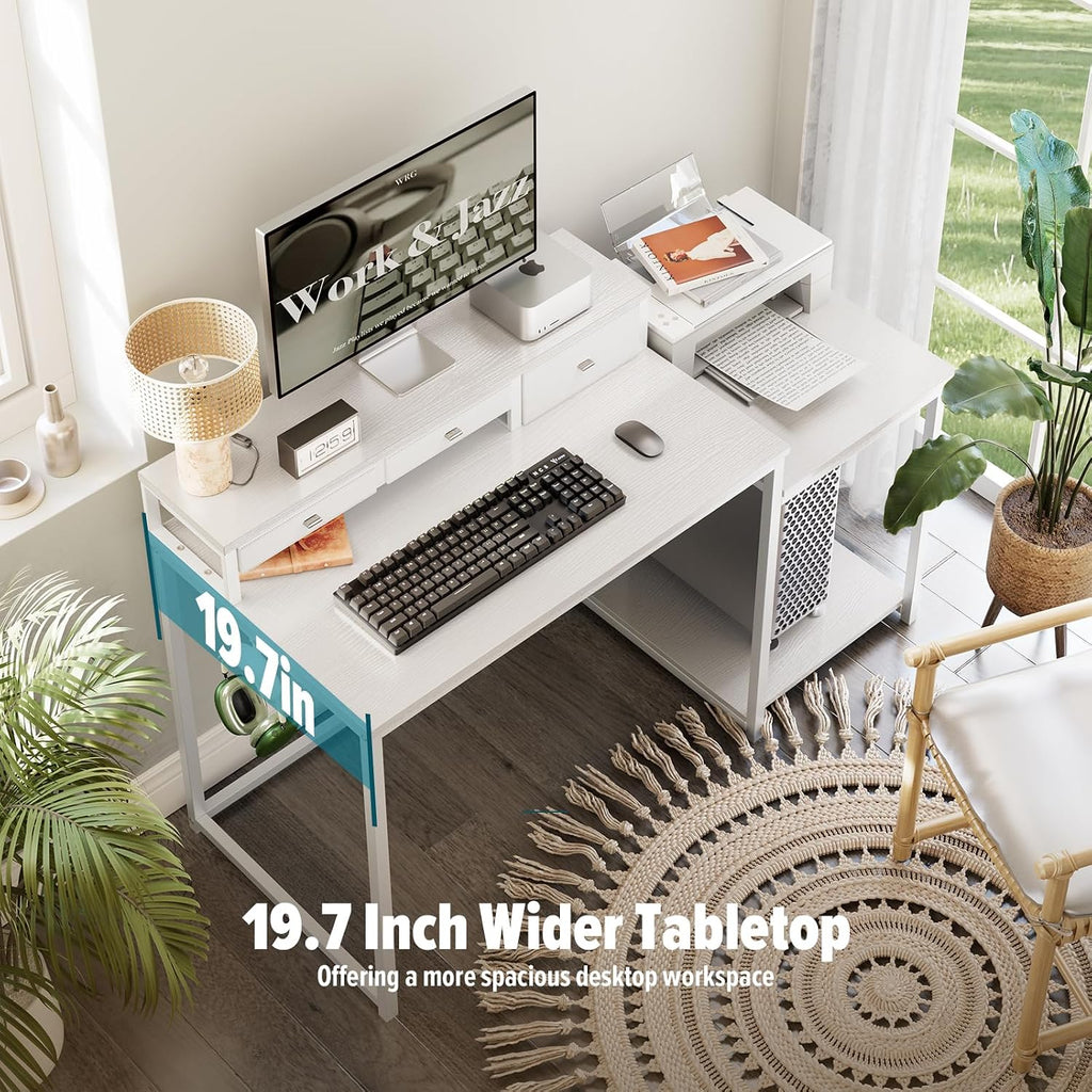 SINPAID 47 inch Computer Desk with Printer Shelf, Gaming Desk with Monitor Stand and Drawers, Reversible Home Office Desk with Storage Shelves and 2 Hooks, Home Workstation for Study Writing, White