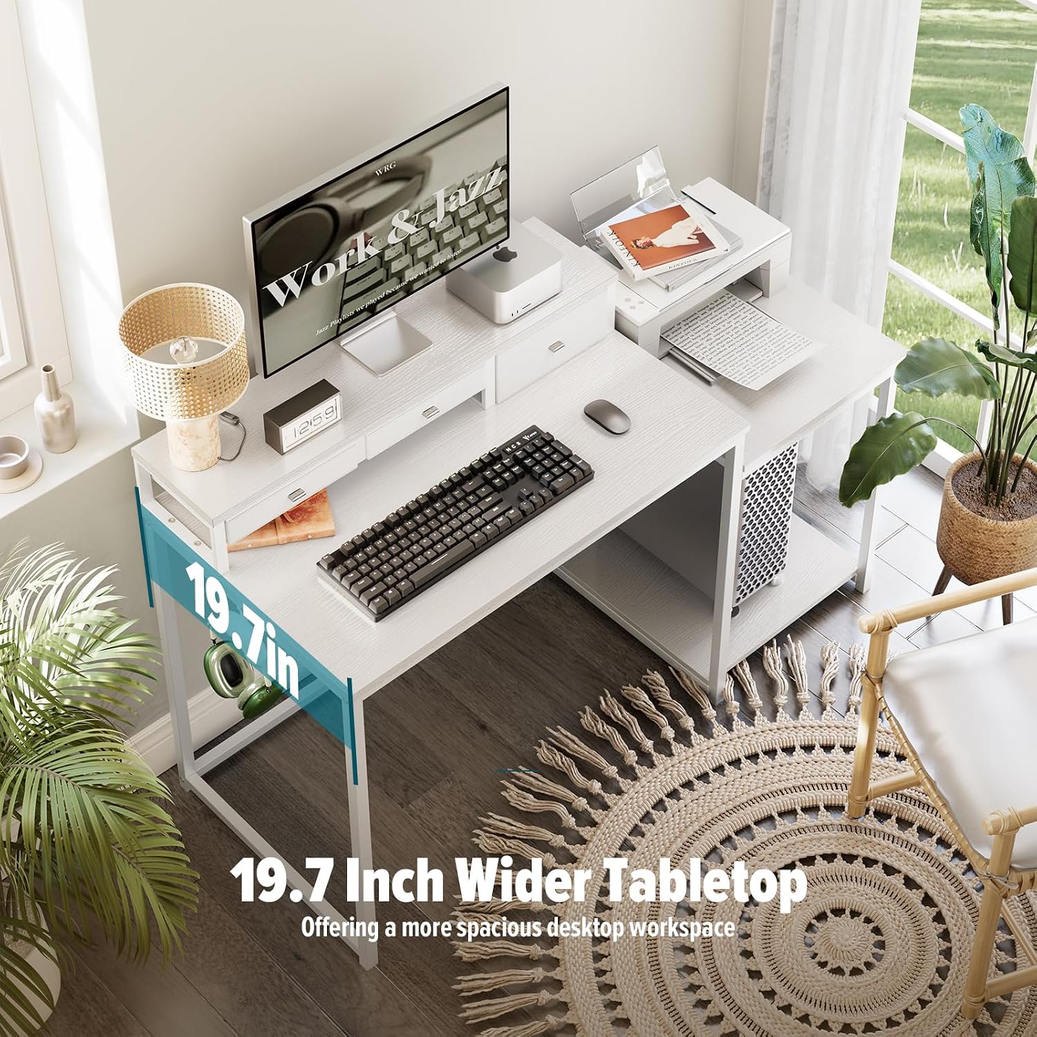 SINPAID 47 inch Computer Desk with Printer Shelf, Gaming Desk with Monitor Stand and Drawers, Reversible Home Office Desk with Storage Shelves and 2 Hooks, Home Workstation for Study Writing, White
