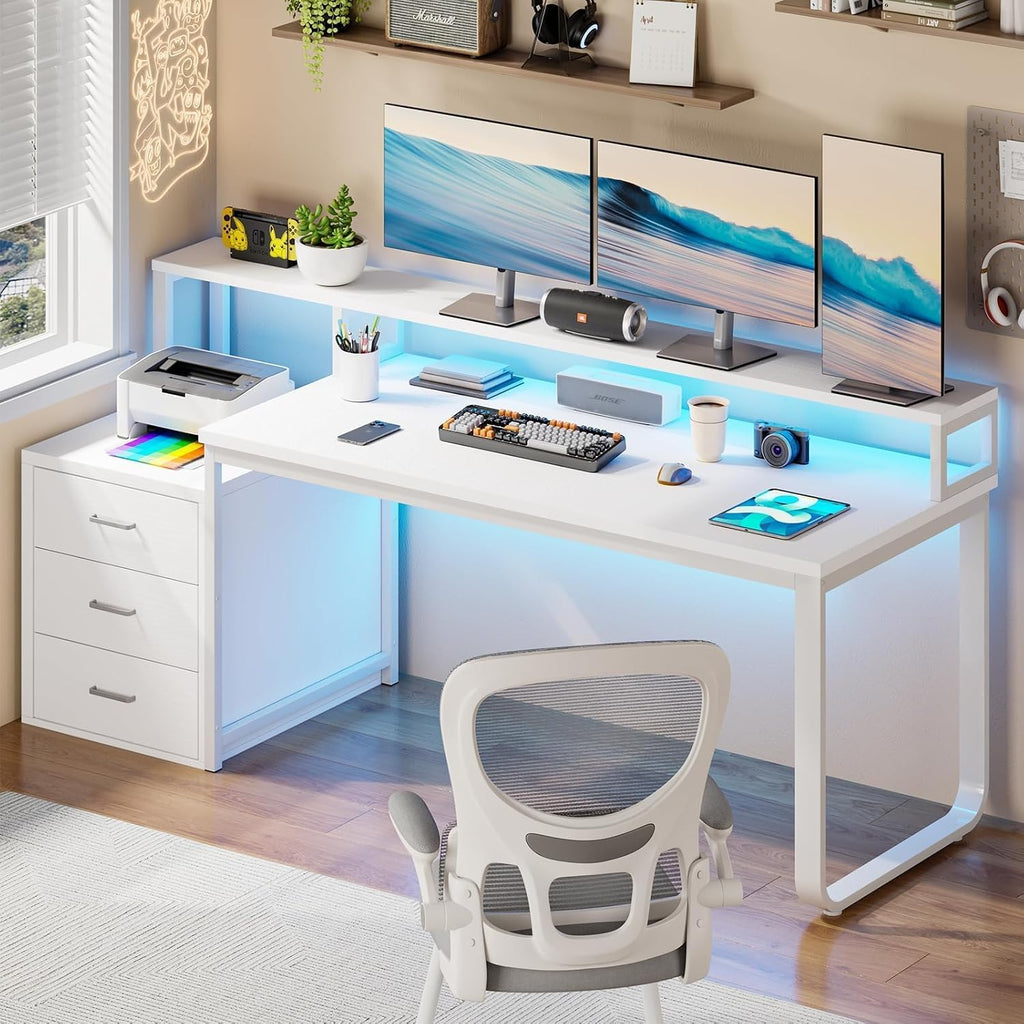 HOMBCK 67' Computer Desk with 3 Drawers, Home Office Desk with Long Monitor Stand and Printer Space, Office Desk with Storage & LED Lights, Writing Desk with Drawers, White