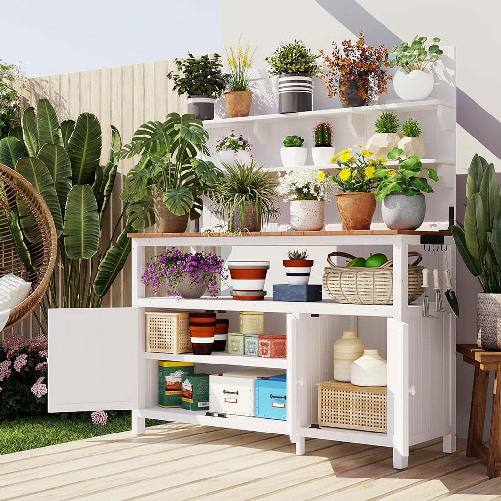 Outdoor Potting Bench Table with Hutch, 50.2' Solid Fir Wood Garden Workstation, Large Countertop, 2 Shelves, 2 Cabinets, for Gardening (White6, 50.2')
