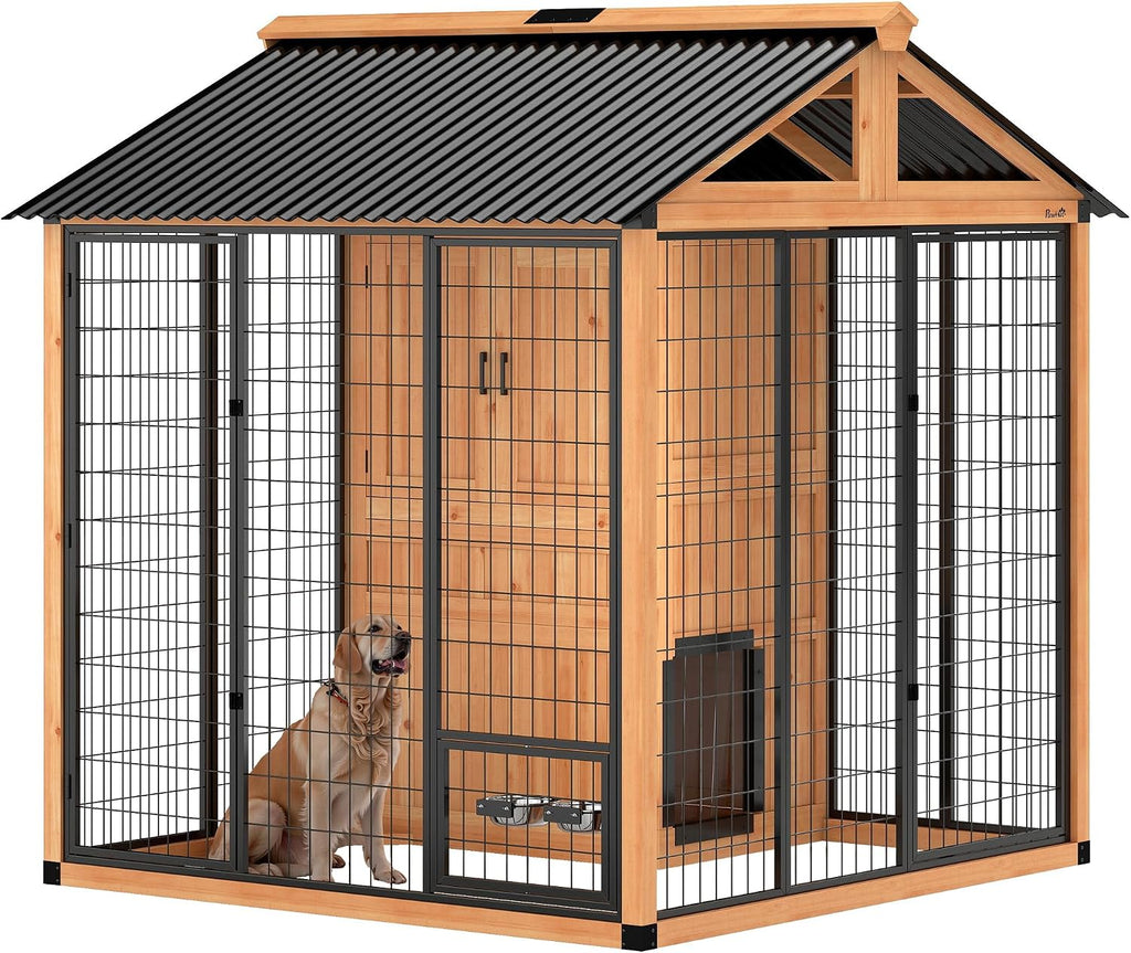 PawHut 7' x 6' Extra Large Outdoor Dog Kennel, Walk-in Wood Dog House with Internal Storage Cabinet, Pet Shelter with Waterproof Roof, Stainless Steel Bowls, Feeding Door for Large Breeds, Yellow
