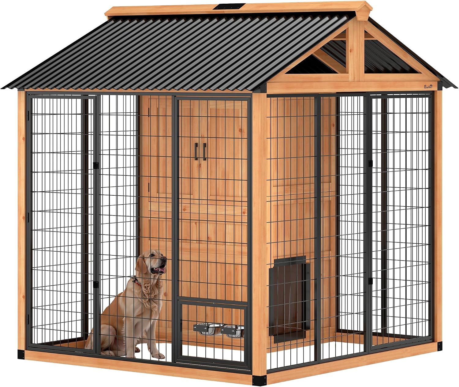 PawHut 7' x 6' Extra Large Outdoor Dog Kennel, Walk-in Wood Dog House with Internal Storage Cabinet, Pet Shelter with Waterproof Roof, Stainless Steel Bowls, Feeding Door for Large Breeds, Yellow