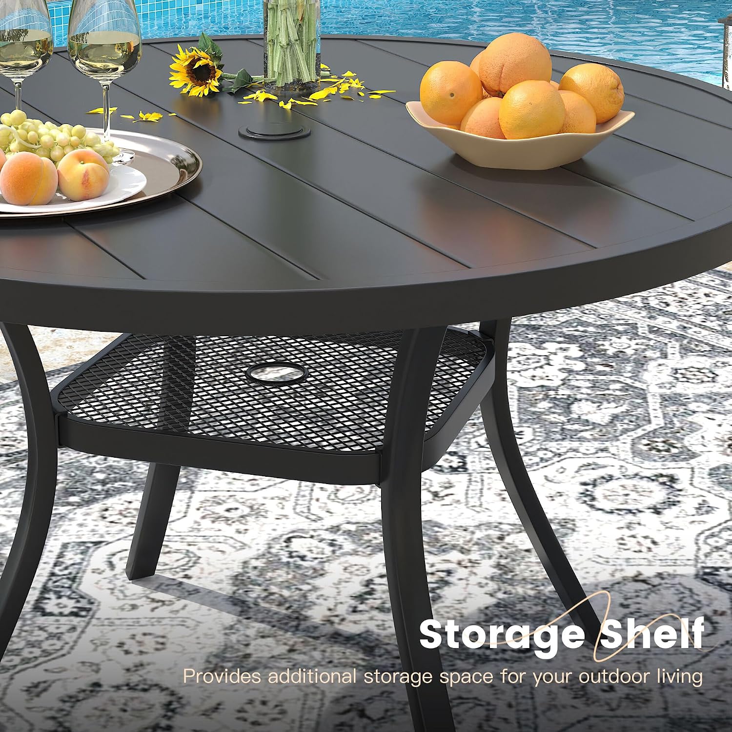 VICLLAX Round Patio Dining Table for 4-6, Outdoor Metal Dining Table with Umbrella Hole for Deck Lawn Garden Backyard, 47.2' Black