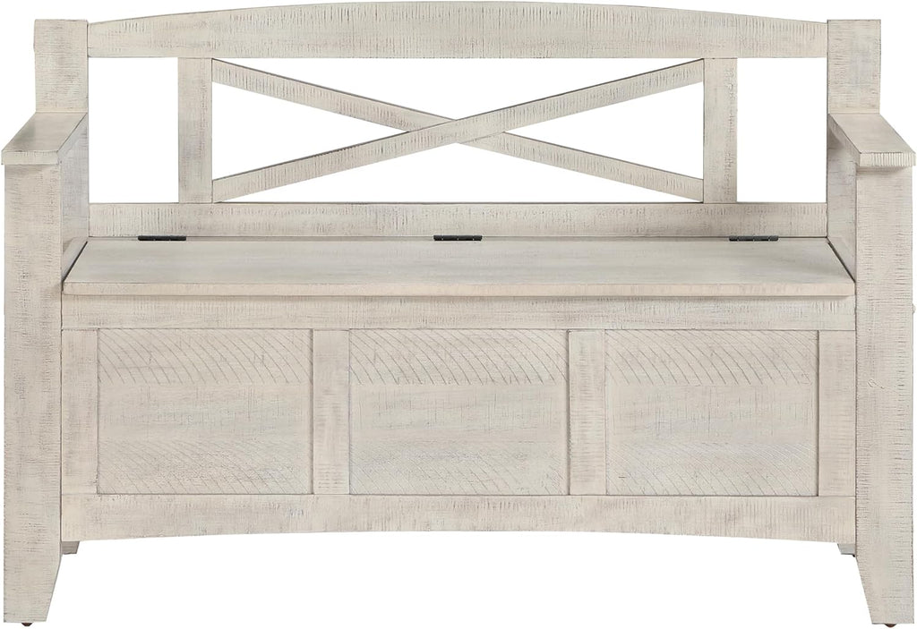 OSP Home Furnishings Metro Entry Way Storage Bench with X-Back, Distressed White Finish