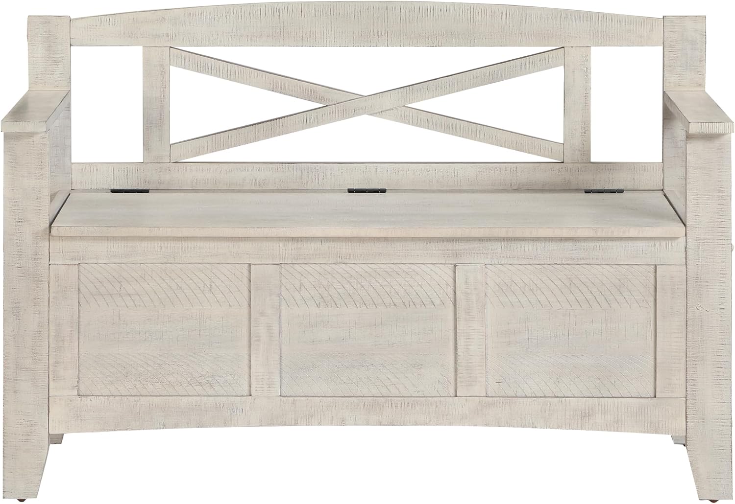 OSP Home Furnishings Metro Entry Way Storage Bench with X-Back, Distressed White Finish