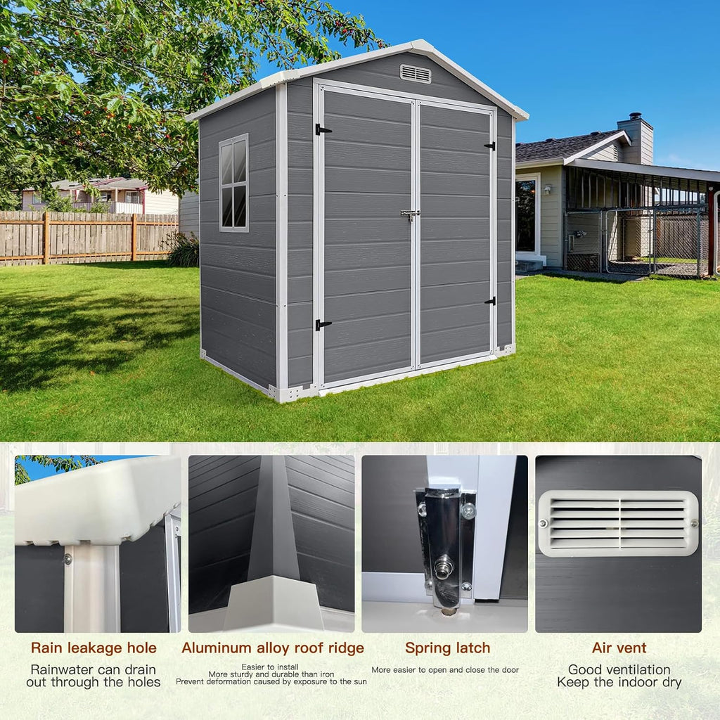 YOPTO 6x4 FT Plastic Storage Shed,Outdoor Storage Shed with Floor and Lockable Door,Waterproof Garden Shed W/Windows & Vents,Sloped Roof,Tool House for Storing Bicycles,Lawnmowers,Gray