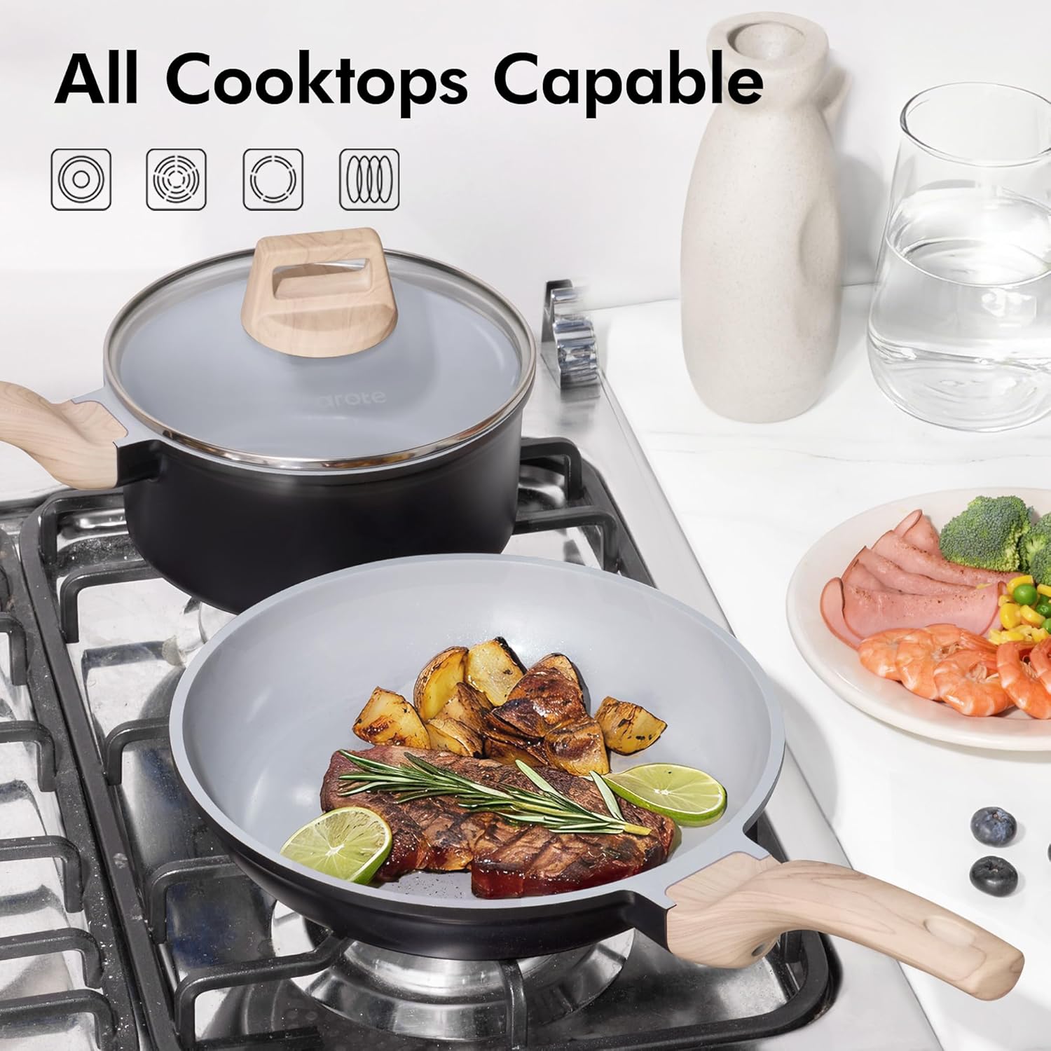 CAROTE 21pcs Pots and Pans Set Nonstick, Cookware Set Black Induction Kitchen Cooking Set w/Frying Pans & Saucepans(PFOS, PFOA Free)