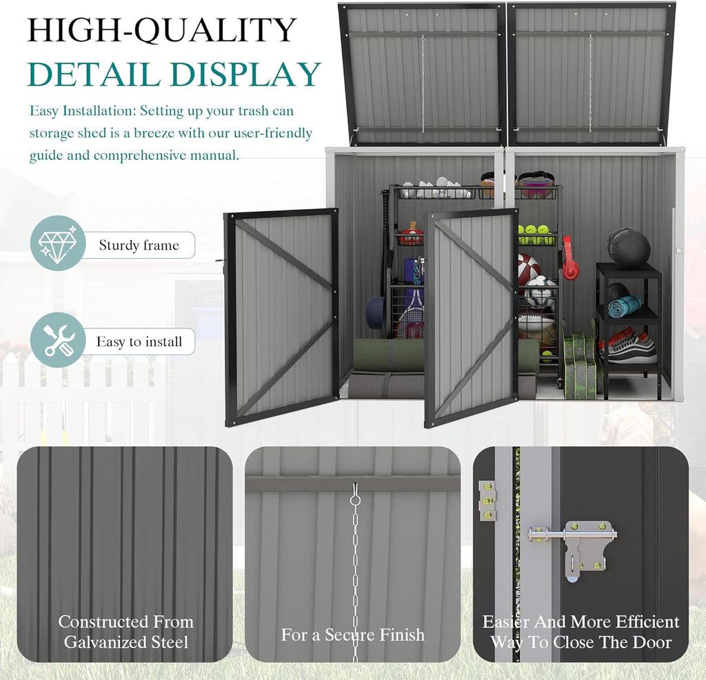 KEIKI 54 Cu.Ft Outdoor Trash Can Storage Shed for 2 Bins, Galvanized Metal Garbage Bin Enclosure with Hydraulic Lid & Dual Chain Design, Weather-Resistant, Dark Gray
