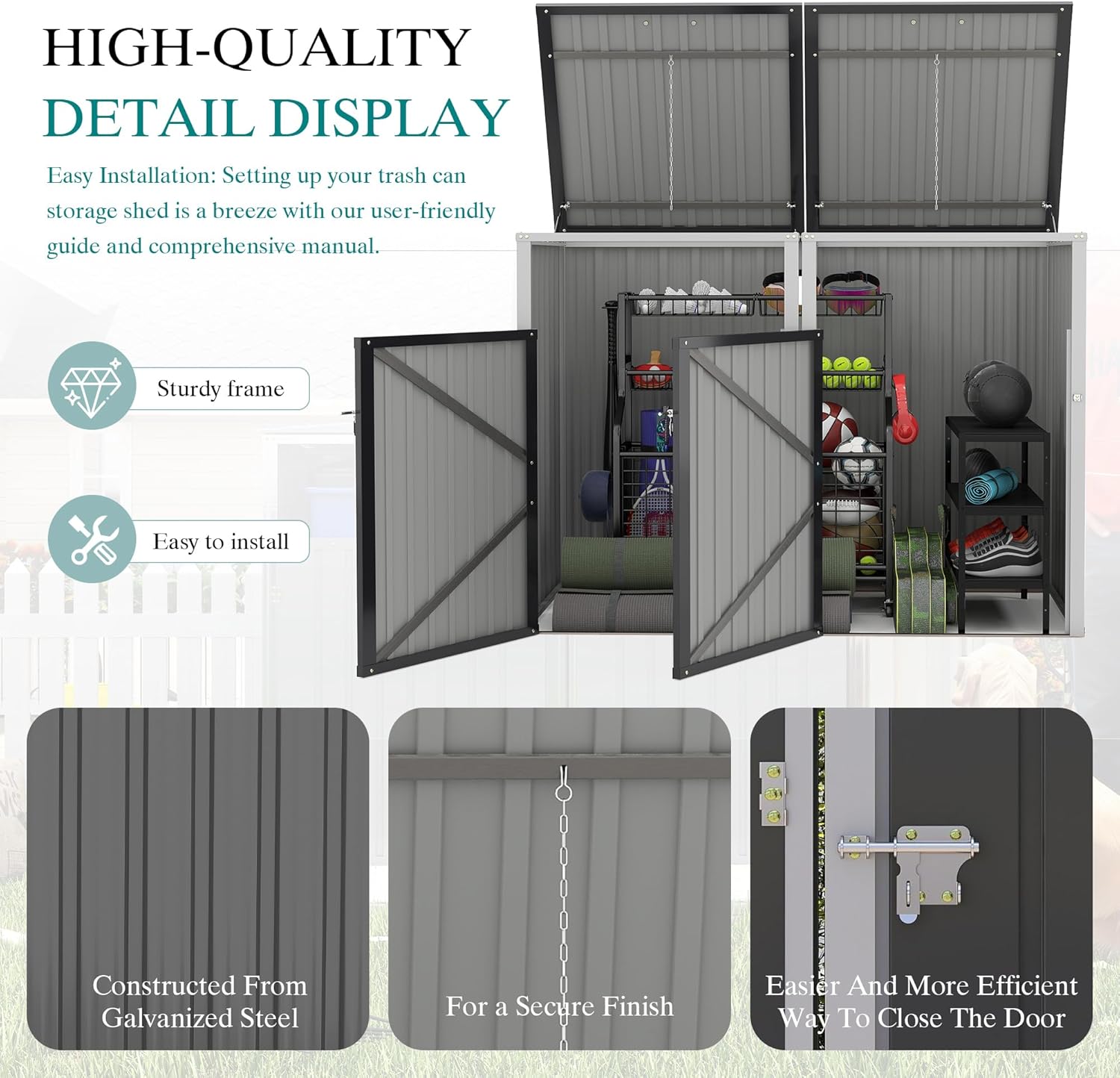 KEIKI 54 Cu.Ft Outdoor Trash Can Storage Shed for 2 Bins, Galvanized Metal Garbage Bin Enclosure with Hydraulic Lid & Dual Chain Design, Weather-Resistant, Dark Gray