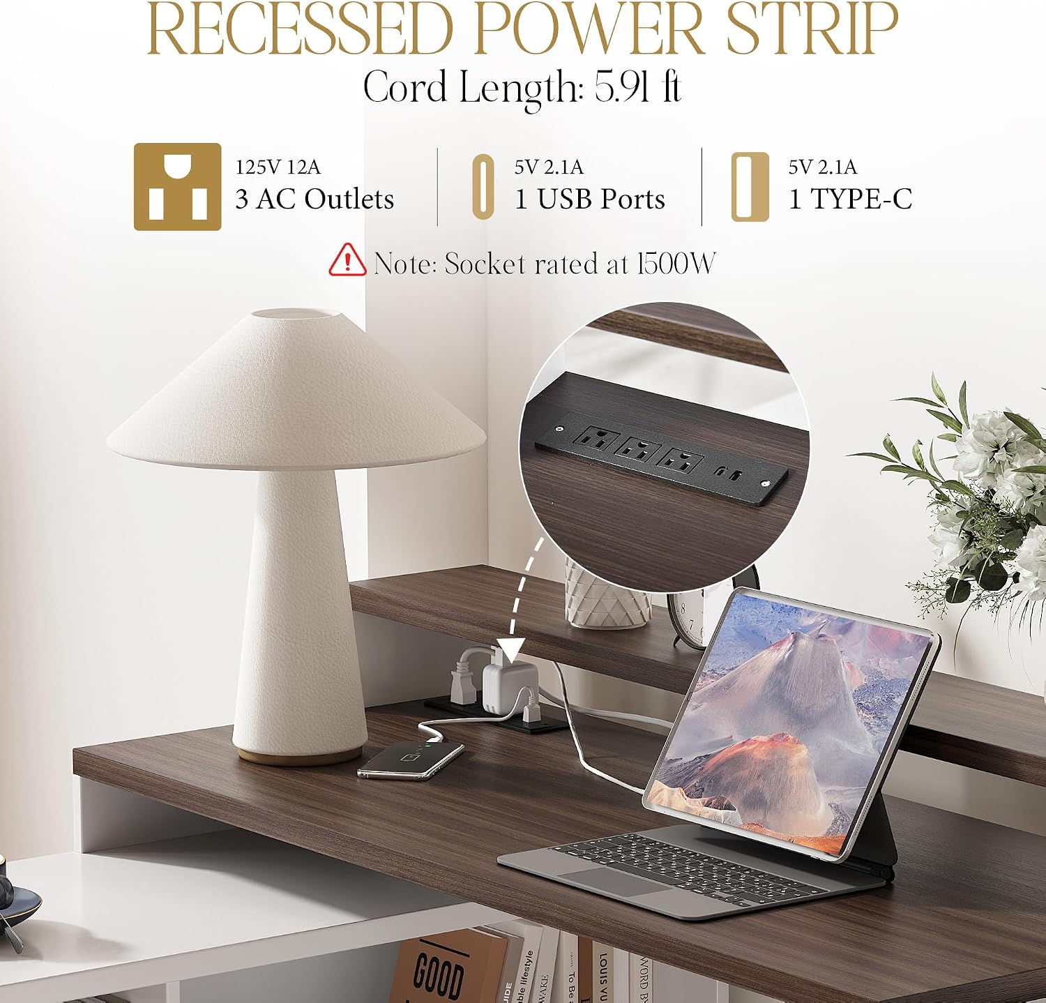 67' L Shaped Executive Desk with Drawers & Storage Shelf, Corner Computer Desk with Power Outlets, Home Office Desk with Monitor Stand, Printer Shelf, Computer Writing Desk for Work, Antique White