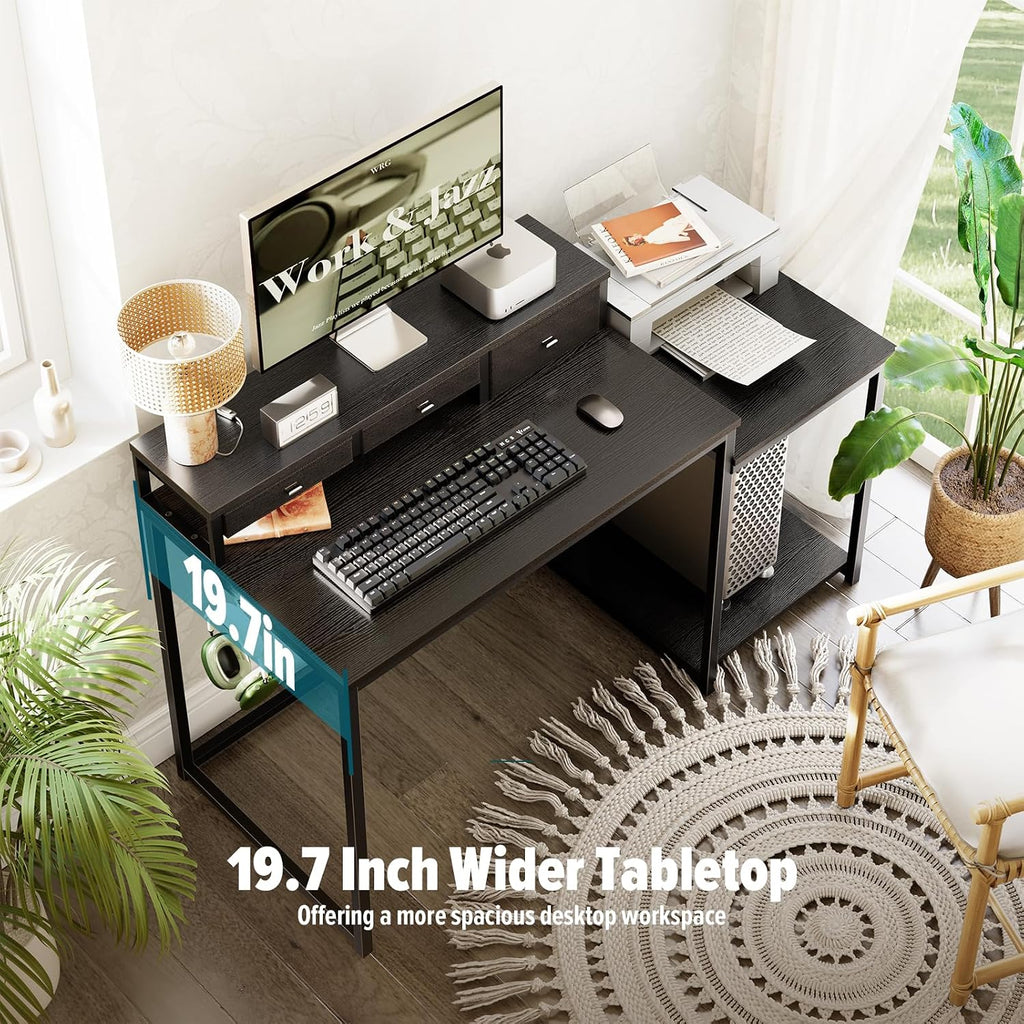 SINPAID 47 inch Computer Desk with Printer Shelf, Gaming Desk with Monitor Stand and Drawers, Reversible Home Office Desk with Storage Shelves and 2 Hooks, Home Workstation for Study Writing, Black
