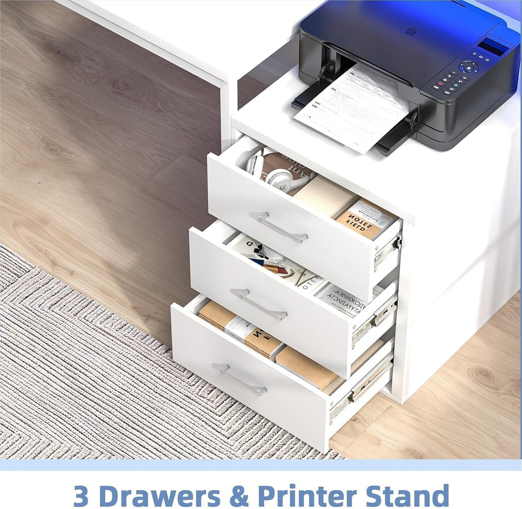 MaverickFurni 67' White Desk with Drawers, Reversible Computer Desk with Moniter Stand and LED Lights, Home Office Desk with Printer Shelf, White