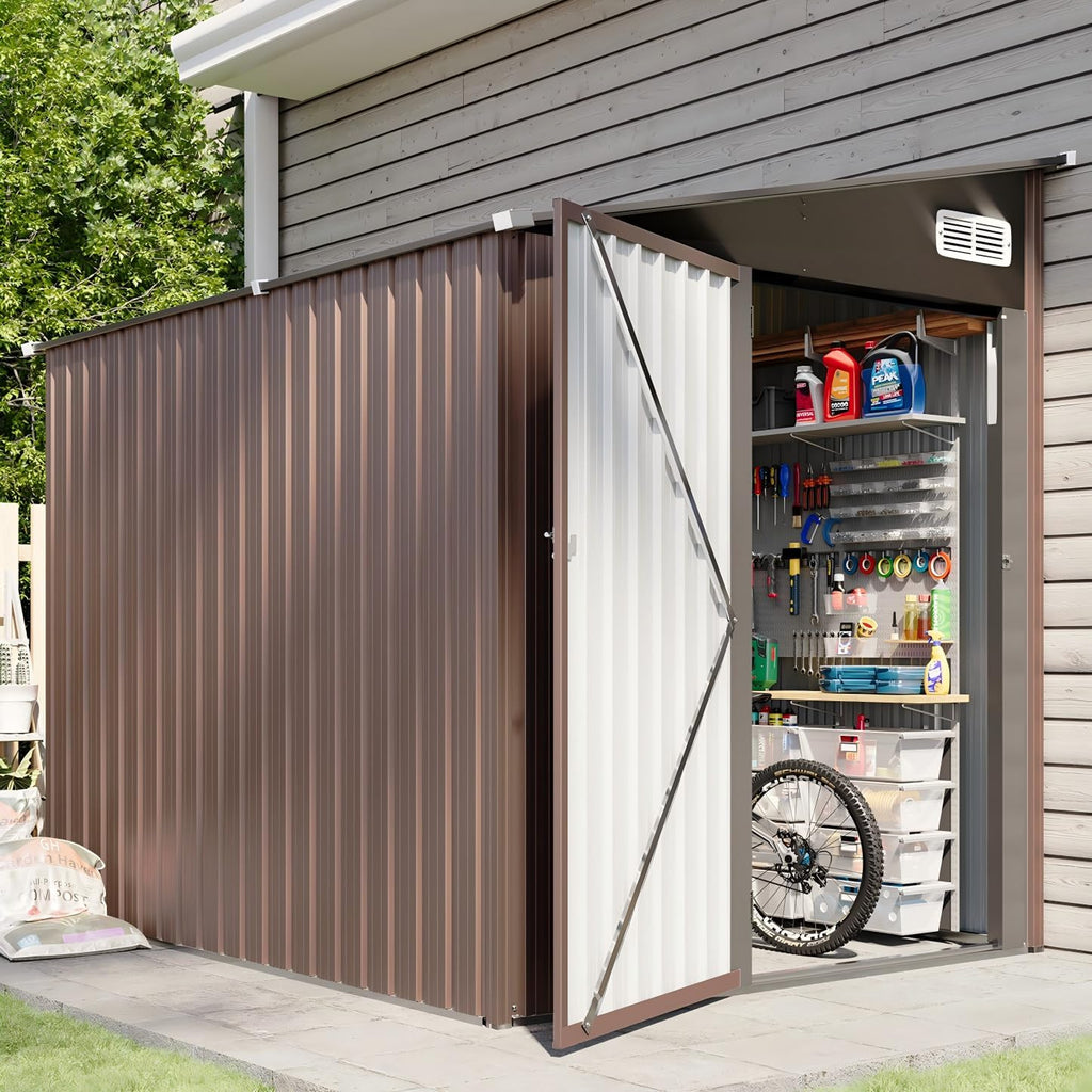 8'x6' Lean to Shed Large Storage Room Galvanized Steel Storage Sheds with Side Door Waterproof Utility Shed with Sloped Roof for Mower, Bike, Garden Tools (Brown)