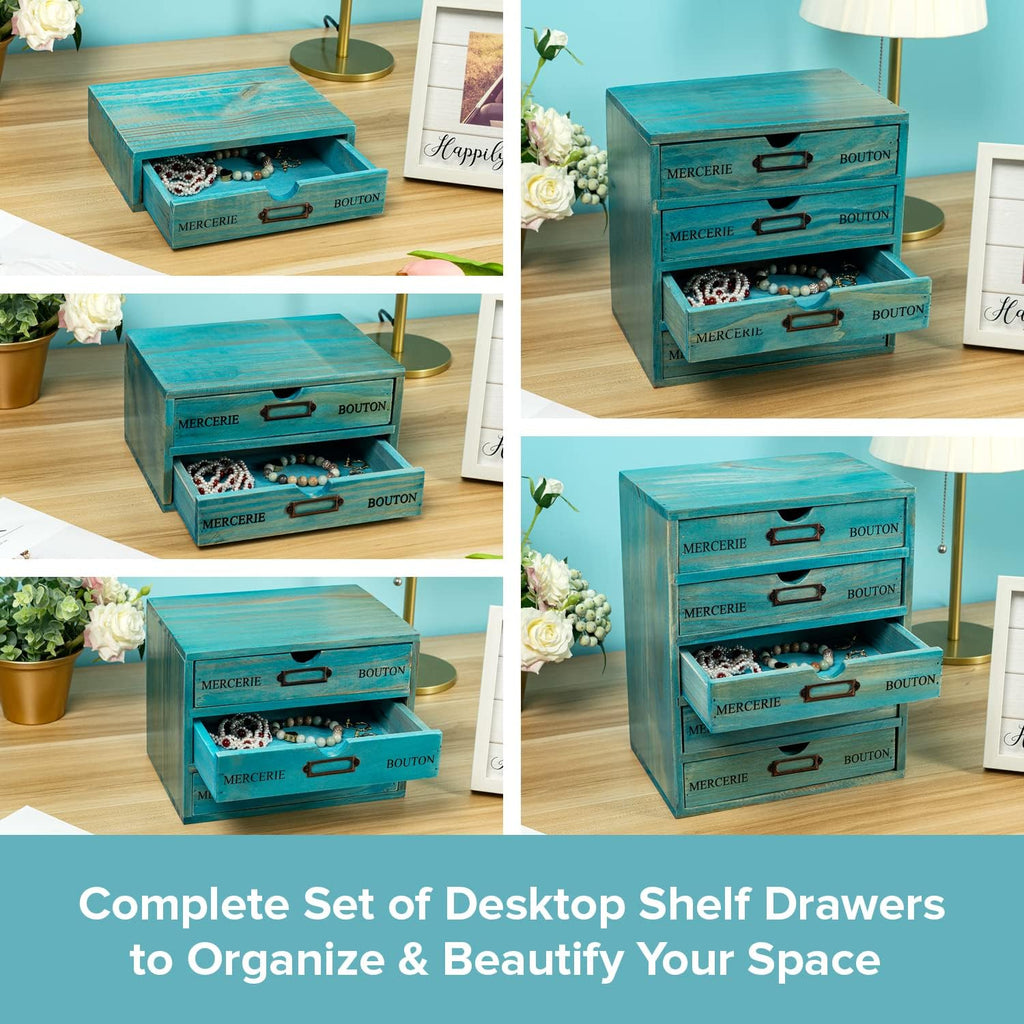 5-piece Full Matching Set Turquoise Wooden Cabinets,European Country Style Desk Organizer Boxes,Multi-level Teal Wooden Stackable Drawers,Countertop Organizer Drawers w/ Label Holder,Desktop Chests
