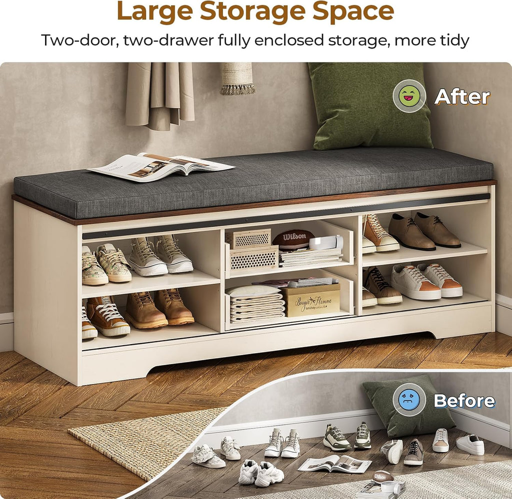 UPOSOJA 60' Farmhouse Storage Bench with Cushion, Shoe Rack with Slide Barn Doors, Adjustable Shelf and 2 Drawer for Entry, Bedroom, Closet, Living Room, Hallway (White Brown, 60 in)