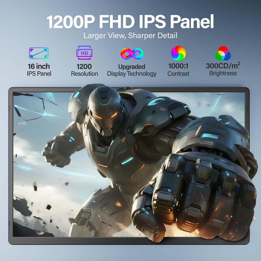 Laptop Screen Extender 16.1', 1920 * 1200 Portable Monitor with Detachable Frameless Display- 360° Rotatable Magnetic Stand, Dual Screen Plug & Play, Extra Monitor for Windows/Mac/Linux/Android