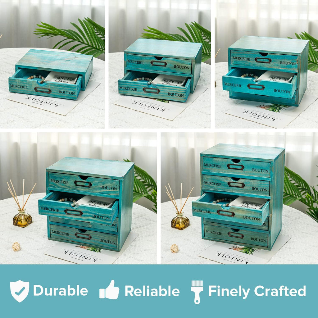 5-piece Full Matching Set Turquoise Wooden Cabinets,European Country Style Desk Organizer Boxes,Multi-level Teal Wooden Stackable Drawers,Countertop Organizer Drawers w/ Label Holder,Desktop Chests