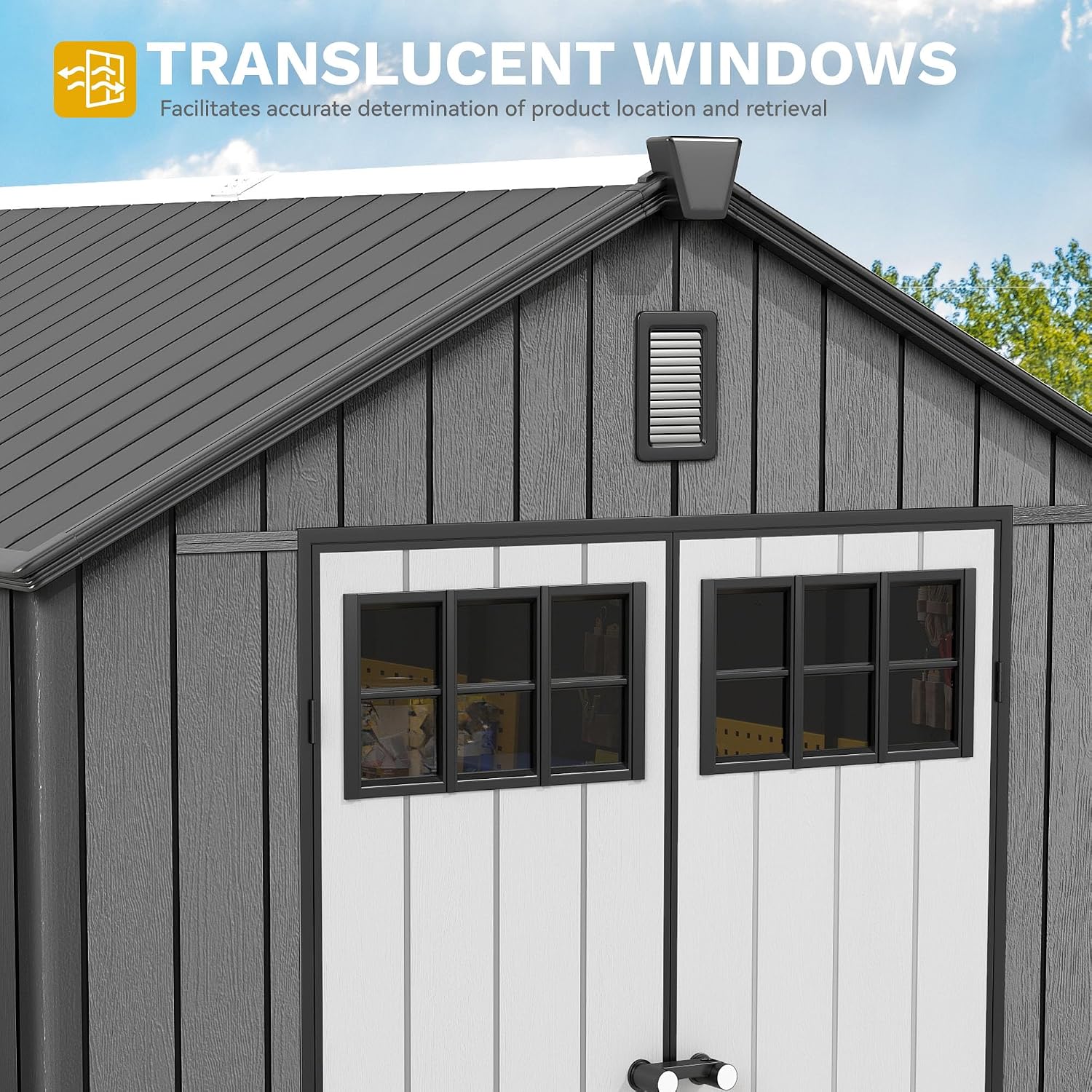 DWVO 8x10 FT Outdoor Storage Shed, 544 cuft Plastic Storage Shed with Floor & Lockable Door, All-Weather Tool Garden Shed with Window & Vent for Patio Furniture, Lawn Mower, Bike, Pool Supplies, Gray