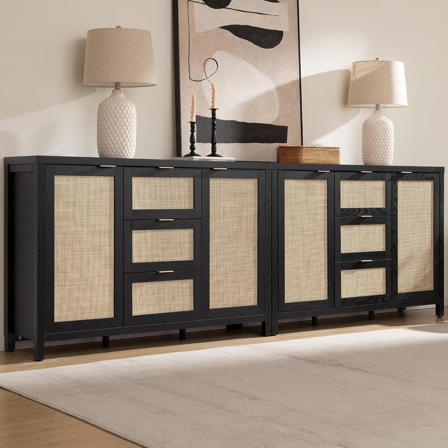SICOTAS Rattan Large Sideboard Buffet Cabinet with Storage - Farmhouse Boho Coffee Bar Storage Cabinet with 3 Drawers and 2 Doors, Tall Credenza for Living Room, Kitchen, Hallway, Black Oak (2 Pieces)