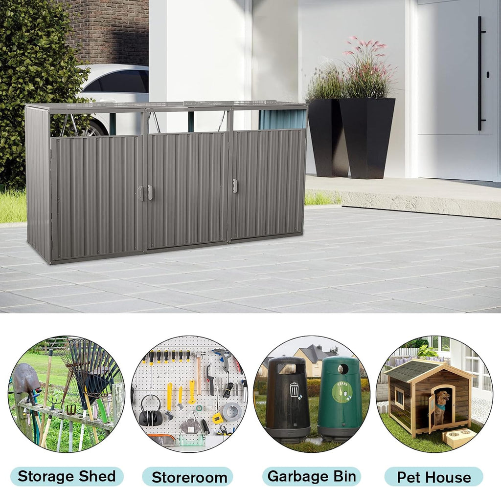 Outdoor Trash Can Storage Shed, Metal Trash Can Enclosure for 3 Trash Cans, Garbage Can Holders for Outside, Garbage Bin Storage Shed for Garden Yard Lawn (8 FT, Light Gray)
