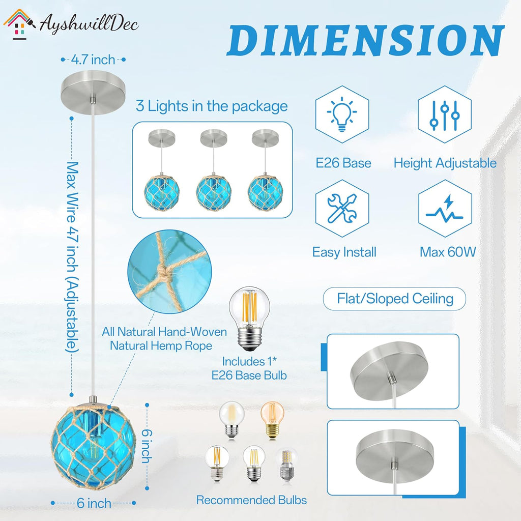 3 Pack 6' Blue Coastal Pendant Light Kitchen Island,Glass Globe Ocean Ceiling Light Fixture Beach House,Dimmable Hemp Rope Light Fixture Hanging For Bathroom Living Room Farmhouse Bedroom(Bulb Incl.