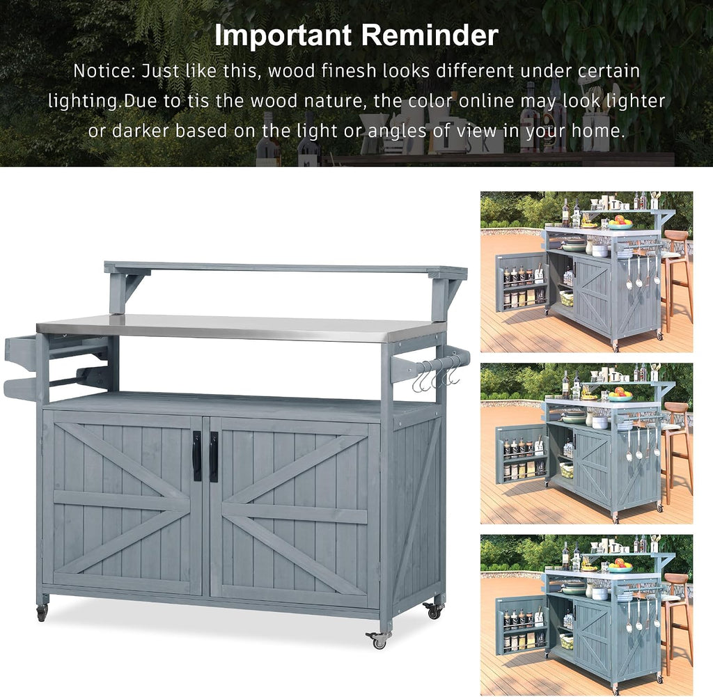 Merax 53.3' Outdoor Kitchen Island with Raised Shelf, Solid Wood Storage Cabinet with Stainless Steel Top, Rolling Grill Cart, Adjustable Shelf, Grey Blue