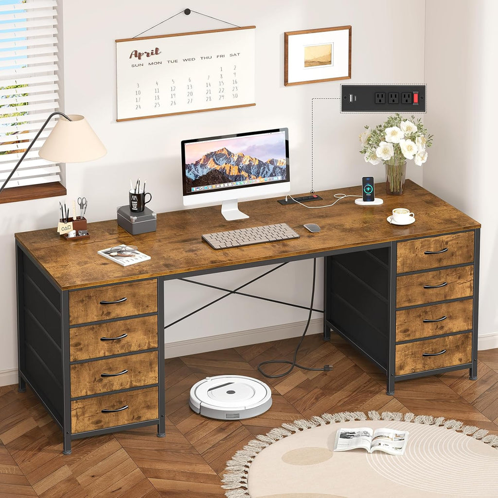 YOMILUVE 60 Inch Computer Desk with 8 Drawers, Home Office Desk with Power Outlets, Work Study Gaming Desk with 8 Fabric Drawers, Rustic Brown