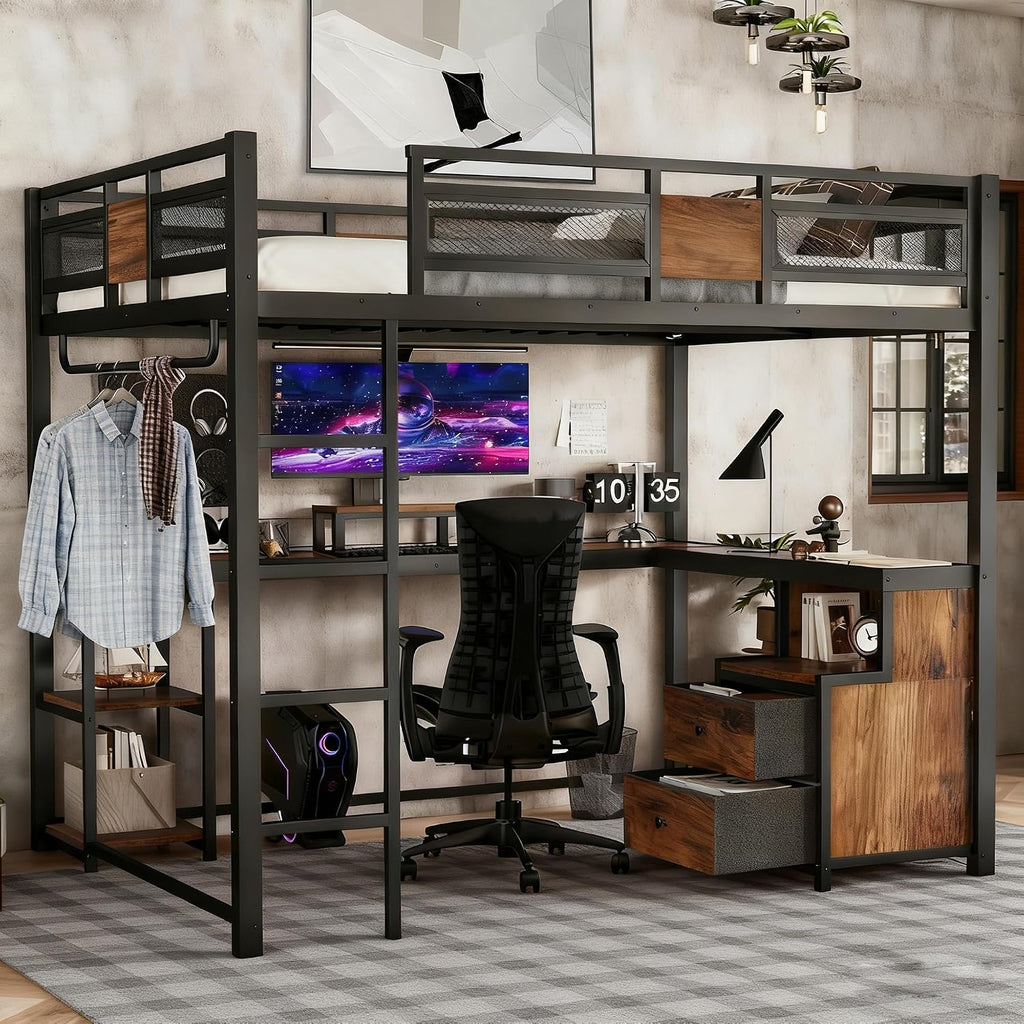 Bellemave Queen Size Loft Bed with Desk & 2 Fabric Drawers, Metal Queen Loft Bed Frame with Shelves, Computer Monitor Stand & Hanger Rod for Teens, Noise-Reduced Design, Black