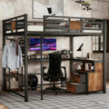 Bellemave Queen Size Loft Bed with Desk & 2 Fabric Drawers, Metal Queen Loft Bed Frame with Shelves, Computer Monitor Stand & Hanger Rod for Teens, Noise-Reduced Design, Black
