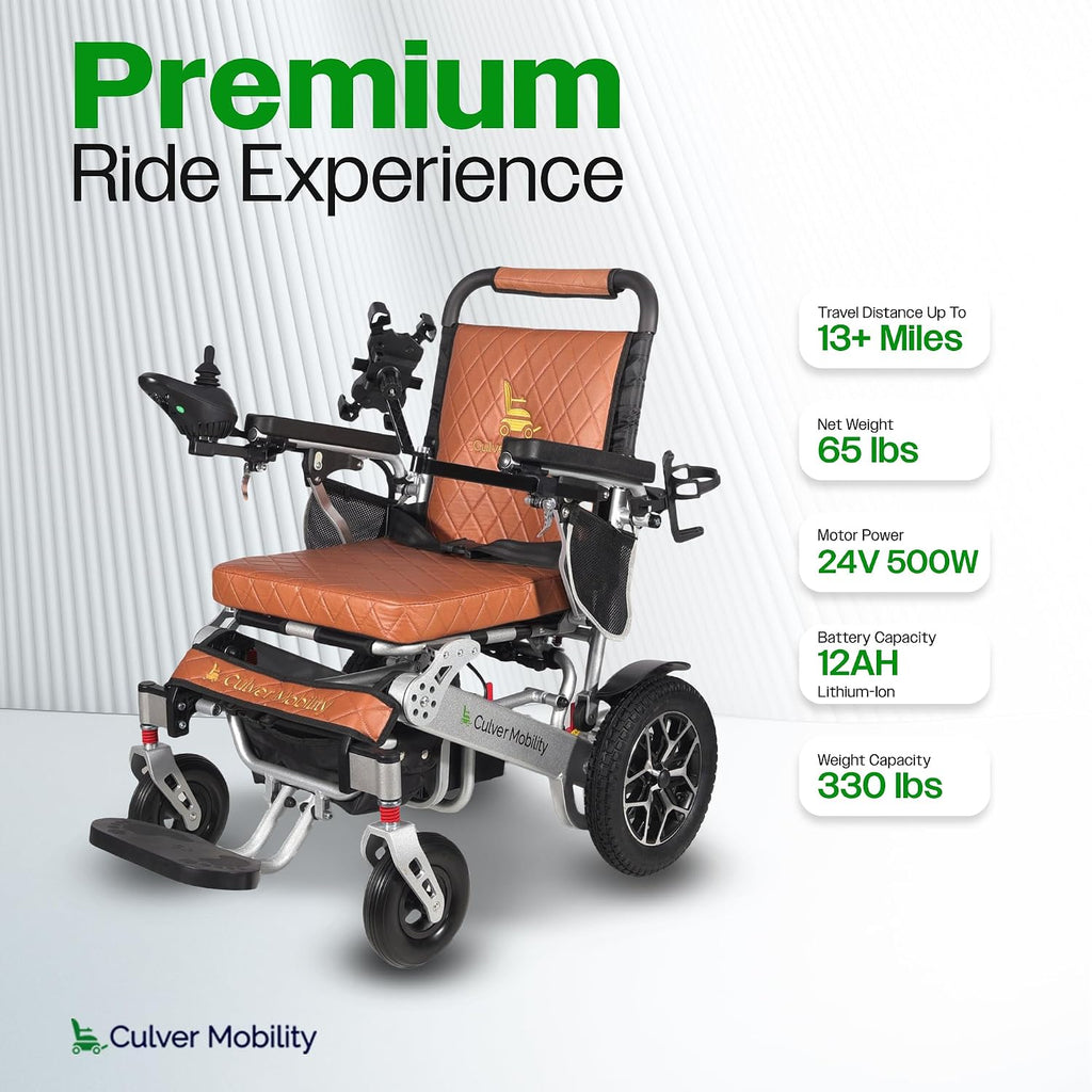 Culver Mobility Wolf Folding Lightweight Heavy Duty Electric Wheelchair, 330 lbs Capacity, 500W Motor, 13 Miles Range – Includes Free Travel Bag, Cup Holder, and Phone Holder