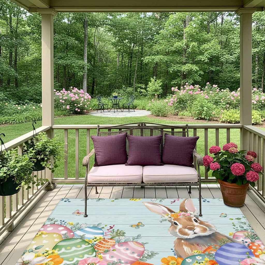 Easter Bunny Outdoor Rug for Patio/Deck/Porch, Non-Slip Large Area Rug 5 x 8 Ft, Colorful Easter Eggs Eucalyptus Teal Wooden Indoor Outdoor Rugs Washable Area Rugs, Camping Rug Carpet Runner