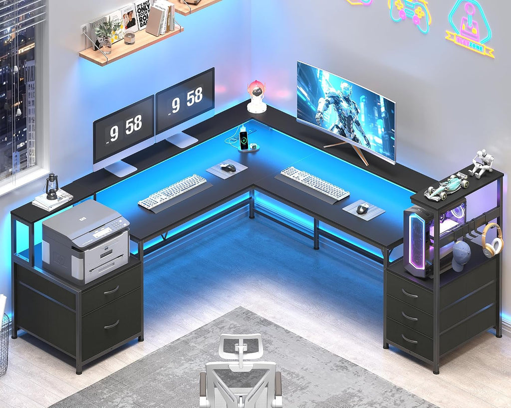 L Shaped Desk with Drawers & Storage Shelf, Corner Computer Desk with Printer Stand & Power Outlet, Gaming Desk Home Office Desk with Led Lights & Monitor Stand, Black