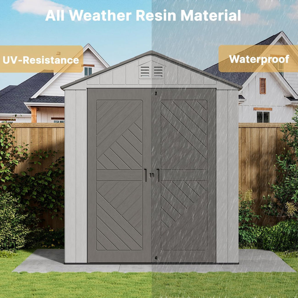 KINYING 6x4 FT Outdoor Storage Shed,Resin Clearance Outdoor Sheds with Floor,Weather Resistant Garden Tool Shed for Lawn Mower/Bike Storage/Pool Supplies,Lockable