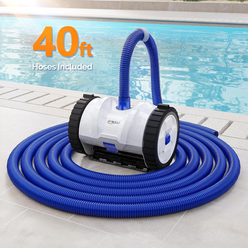 VINGLI Pro Auto Pool Cleaner – Advanced Suction Vacuum for Inground/Above Ground Pools – 40FT Hose, Quiet & Efficient Cleaning – Navy Blue & White