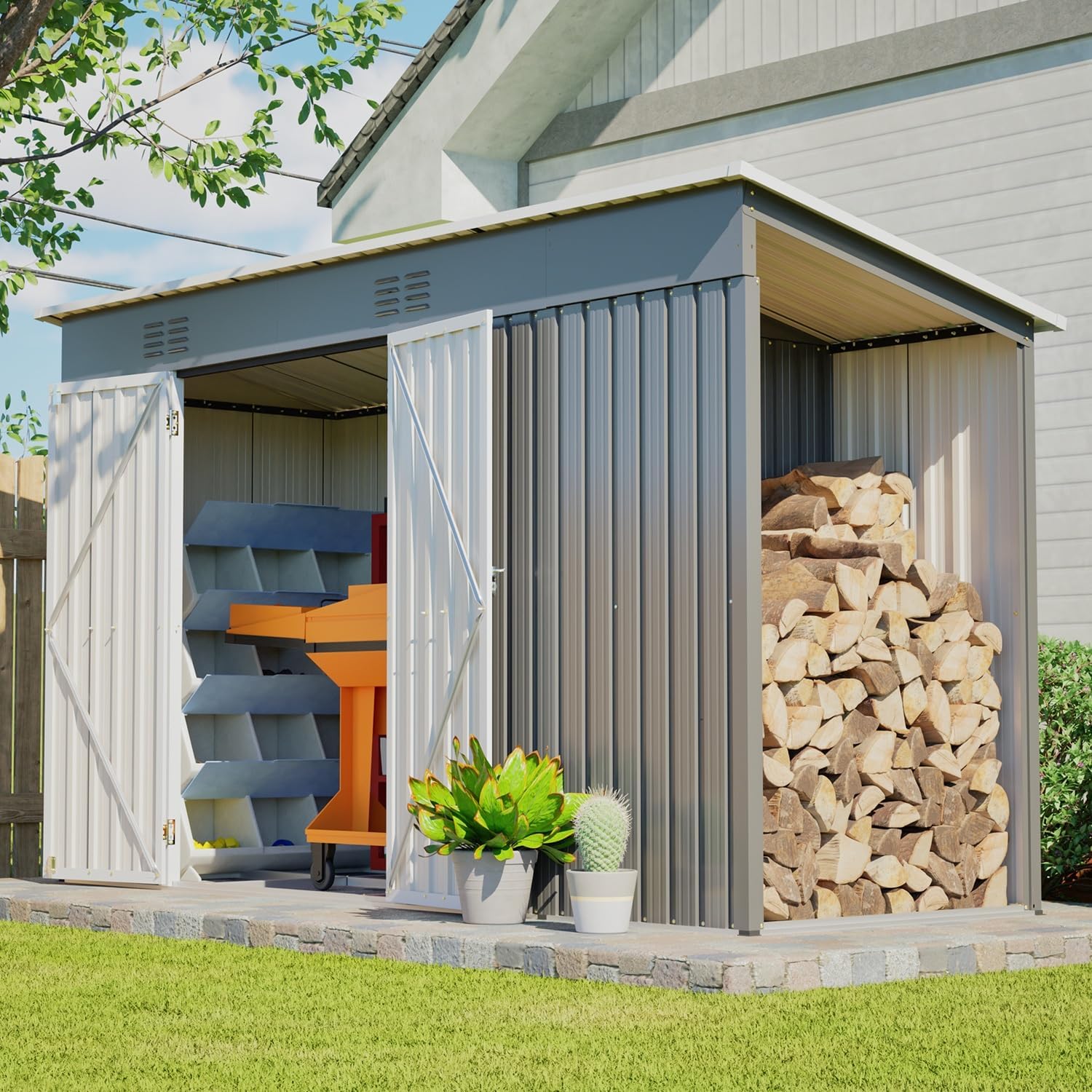 10x4 FT Outdoor Storage Shed with Frame Floor, Open Firewood Bay, 2 Vents – Lockable Double Doors, Aluminum Frame, Weatherproof for Garden, Backyard, Patio, and Equipment Storage