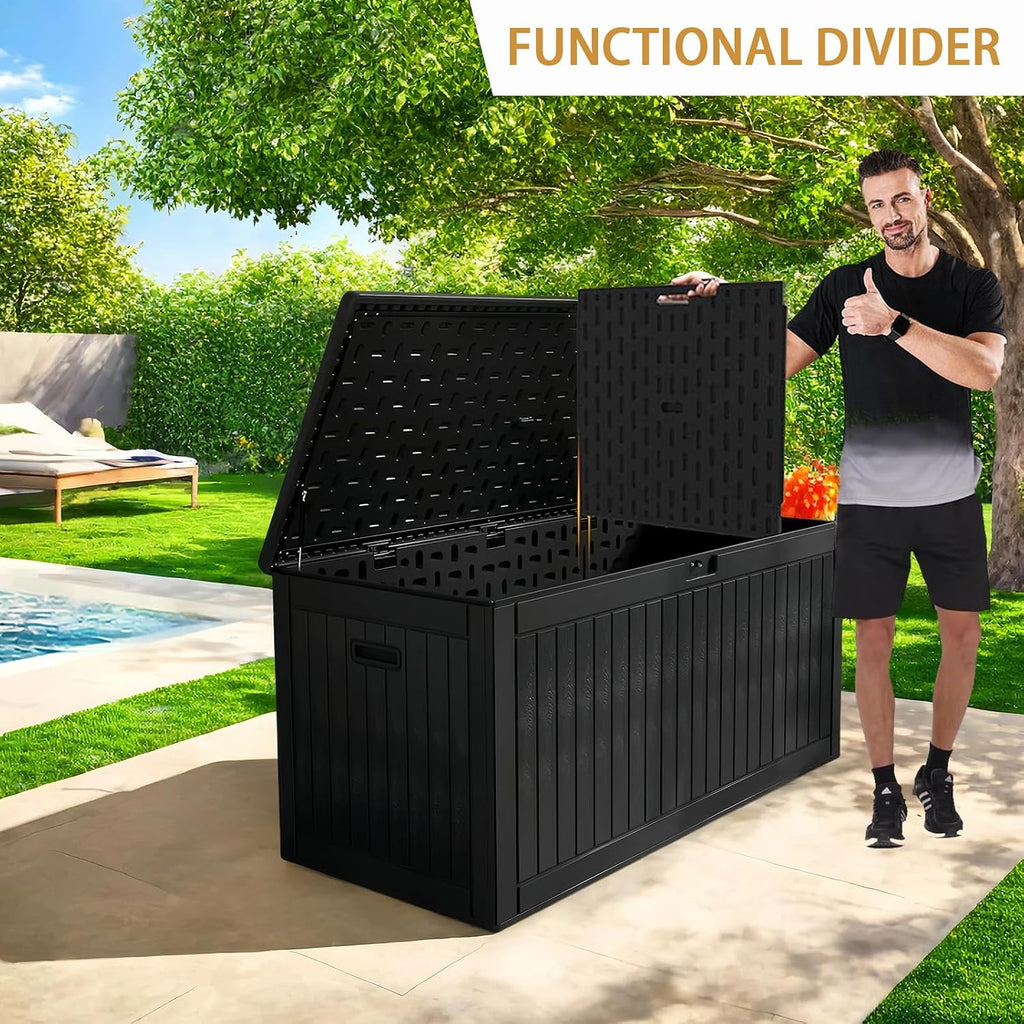 320 Gallon Deck Box Waterproof, Resin Outdoor Storage Box Extra Large Lockable with Divider and Lifter Prevent Water Seeping into from Floor for Patio Cushions