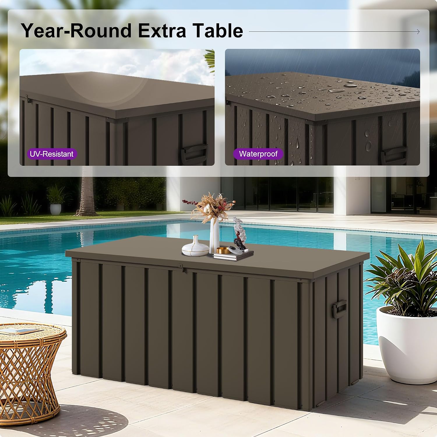 PURPLE LEAF Outdoor Deck Box 100 Gallon Waterproof Lockable Storage Box Container with Lid Deck Organization for Patio Cushions Side Table Pool Accessories Garden Tools, Brown