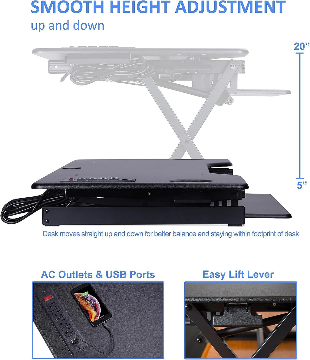 Rocelco 46' Height Adjustable Standing Desk Converter with AC USB Charger and Anti Fatigue Floor Mat - Sit Stand Up Triple Screen Riser Workstation - Keyboard Tray - Black (R DADRB-46-ACUSB-MAFM)