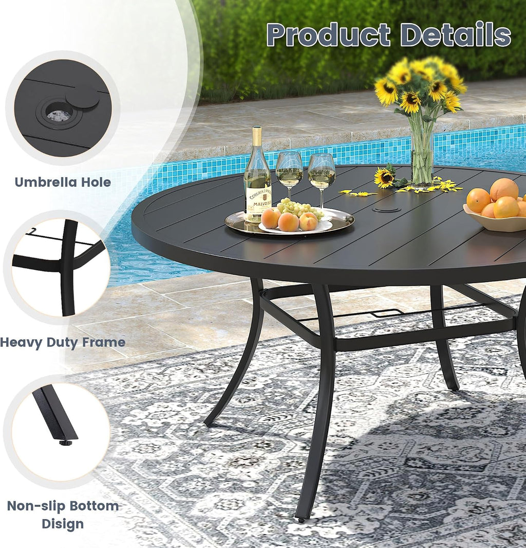 VICLLAX 53' Round Patio Dining Table for 6-8, Metal Outdoor Dining Table with Umbrella Hole for Garden, Patio, Balcony, Black
