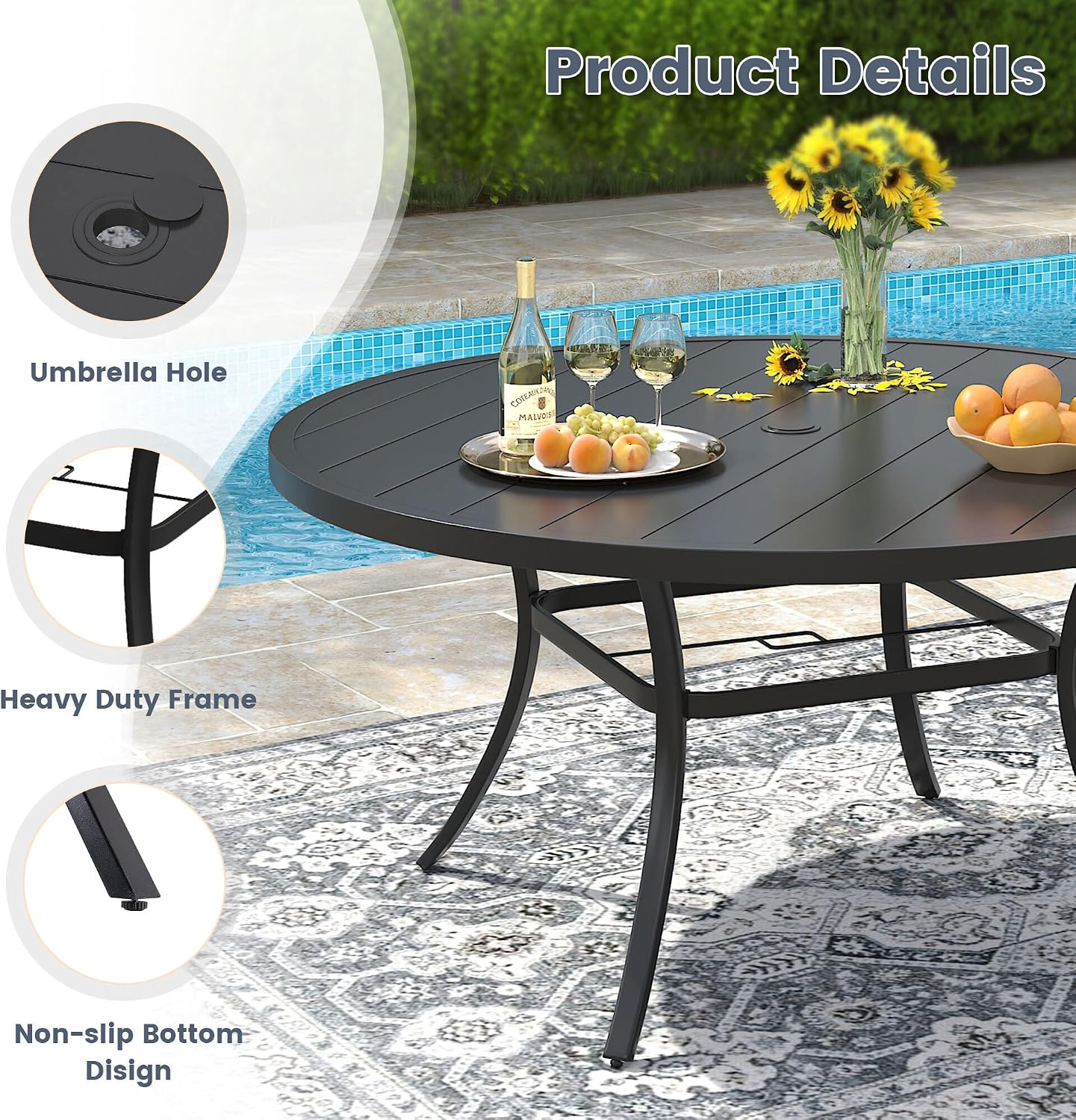 VICLLAX 53' Round Patio Dining Table for 6-8, Metal Outdoor Dining Table with Umbrella Hole for Garden, Patio, Balcony, Black