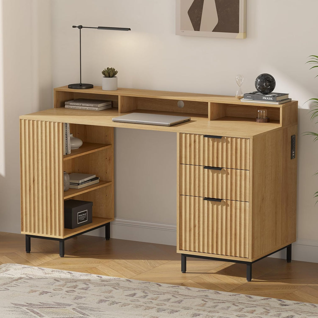 EYYTHUNG Fluted Executive Desk with Charging Station, 55' Modern Wood Office Desk with Monitor Stand & File Drawer, Home Writing Study Computer Table for Work Study, Natural Oak