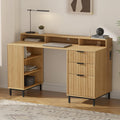 EYYTHUNG Fluted Executive Desk with Charging Station, 55' Modern Wood Office Desk with Monitor Stand & File Drawer, Home Writing Study Computer Table for Work Study, Natural Oak