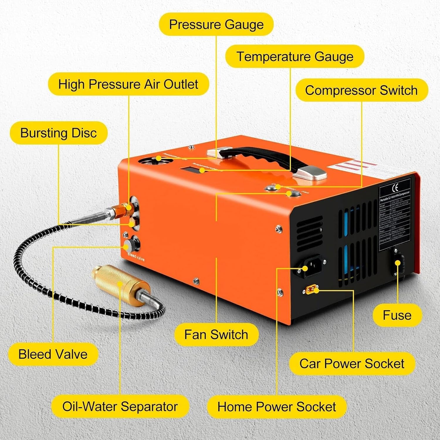 4500 PSI PCP Air Compressor - 12V/110V-240V, High-Pressure Electric Pump for Airgun, Paintball, Diving - Auto-Stop Feature for Safety - 30 MPa Output