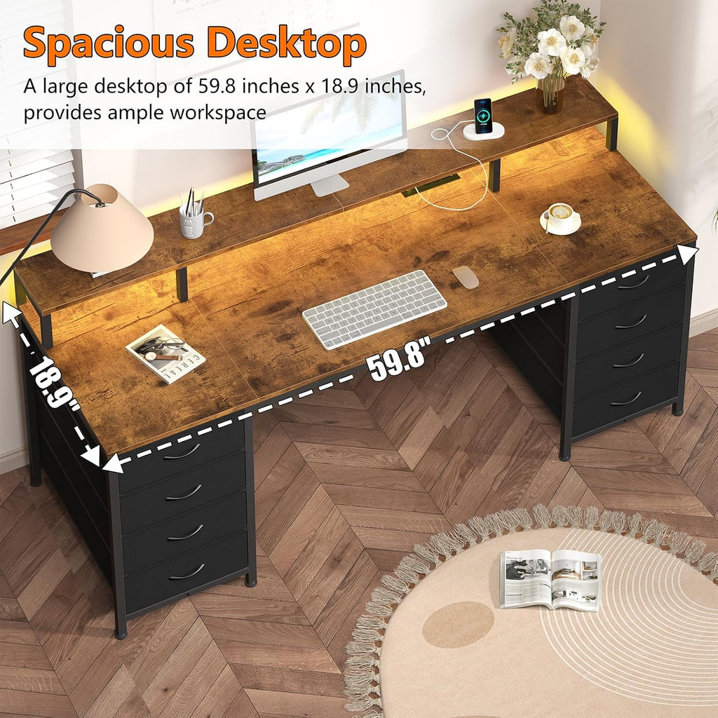 YOMILUVE 60 Inch Computer Desk with 8 Fabric Drawers, Gaming Desk with LED Lights & Power Outlets, Home Office Desk with Monitor Stand, Rustic Brown